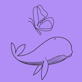 Purple circle with the drawing of a butterfly and a whale.